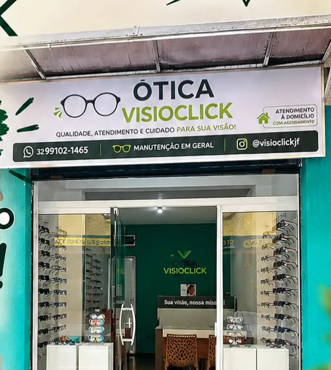Fachada da Ótica Visioclick no bairro Ipiranga, em Juiz de Fora